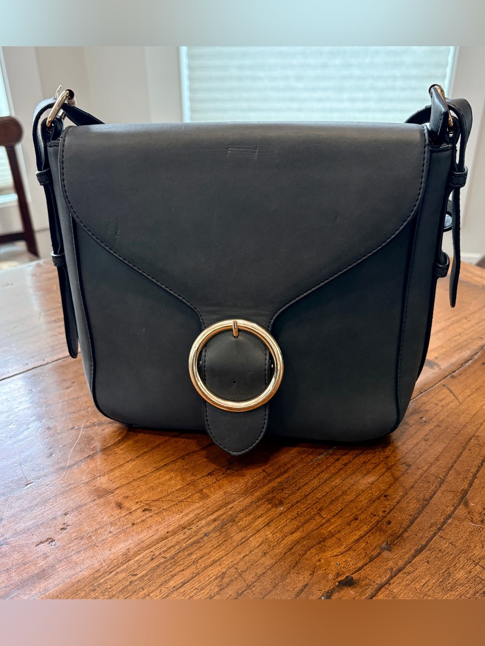 Pixie Mood Scarlette Crossbody Bag Black Vegan Leather Gold O-Ring Buckle Flap
